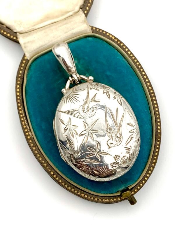 Victorian Aesthetic Movement Silver Locket with Birds