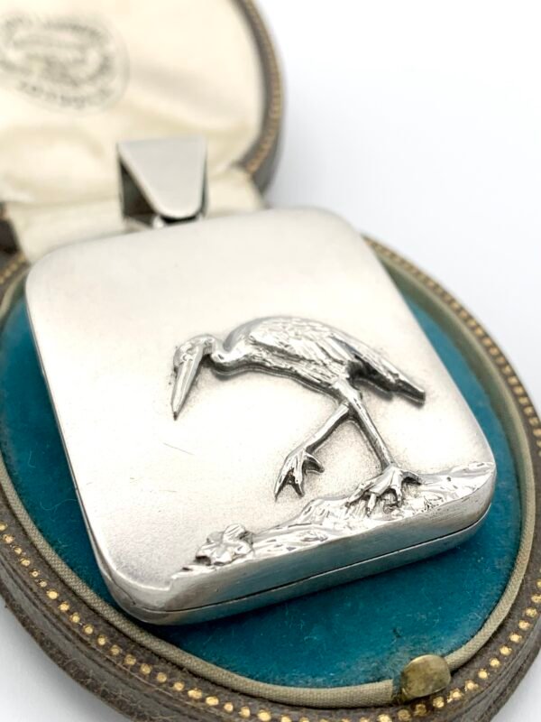 Victorian Matte Silver Locket with Stork - Image 3