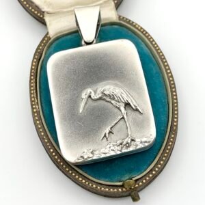 Victorian Matte Silver Locket with Stork