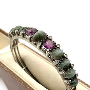 Victorian Cats Eye Agate & Amethyst Paste Silver Hinged Bangle