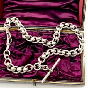 Antique Rollerball Silver Curb Link Albert Chain with T Bar & Dog Clips