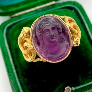 Victorian Hecate Amethyst Cameo Ring with Snake Shoulders 1861 Hallmark