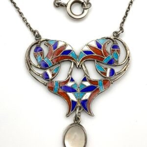 Egyptian Revival Art Nouveau Silver, Enamel & Moonstone Pendant